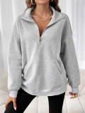 Autumn Winter Fashion Zipper Turndown Collar Solid Color Casual Women Top