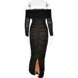Women Autumn Bodycon Sexy Mesh Off Shoulder Gathered Dress