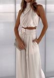 Women Summer Casual Sleeveless Crop Top Wide-leg Pants Two Piece Set