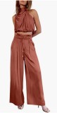 Women Summer Casual Sleeveless Crop Top Wide-leg Pants Two Piece Set