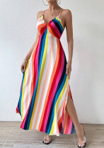 Women Backless Rainbow Suspender Print Dress Women Backless Rainbow Suspender Print Dress