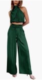 Women Summer Casual Sleeveless Crop Top Wide-leg Pants Two Piece Set