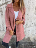 Women Solid Turndown Collar Pocket Maxi Jacket