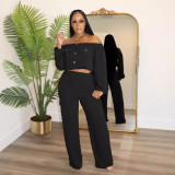 Women Solid Sexy Off Shoulder Long-sleeved Top and Wide-leg Pants Two-piece Set