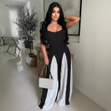Women Sexy Hollow Wide-leg knitting Suspender Patchwork Contrast Jumpsuit