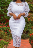 Women African Round Neck Lace Embroidery Lace Irregular Dress
