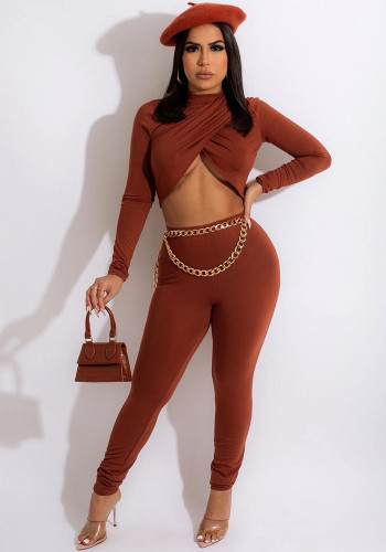Women Crop Cross Pleated Long Sleeve Top and Pants Two Piece Set