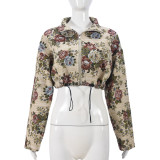 Autumn Crop Drawstring Flower Jacquard Long-Sleeved Women Jacket