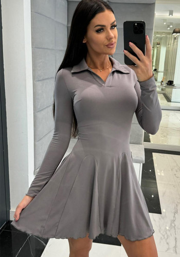 Women Solid Long-sleeved Turndown Collar Dress