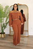 Women Solid Sexy Off Shoulder Long-sleeved Top and Wide-leg Pants Two-piece Set