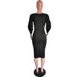 Women Sexy Elegant Lantern Sleeve Solid V Neck Off Shoulder Half Dress