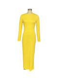 Women's Fashion Sexy Solid Color Round Neck Long Sleeve Slim Long Dress