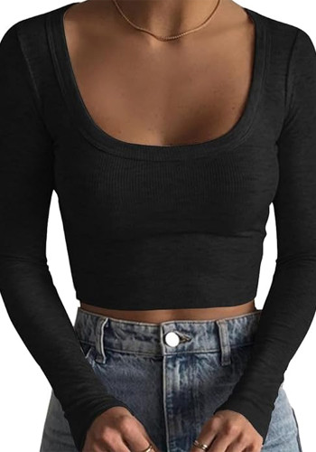 Women rib U-neck long-sleeved Top