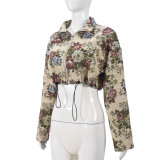Autumn Crop Drawstring Flower Jacquard Long-Sleeved Women Jacket