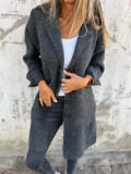 Women Solid Turndown Collar Pocket Maxi Jacket