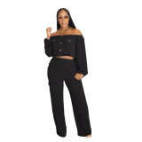 Women Solid Sexy Off Shoulder Long-sleeved Top and Wide-leg Pants Two-piece Set