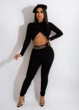 Women Crop Cross Pleated Long Sleeve Top and Pants Two Piece Set