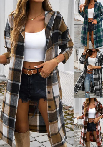 Women Plaid Hooded Long-sleeved Coat
