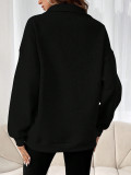 Autumn Winter Fashion Zipper Turndown Collar Solid Color Casual Women Top
