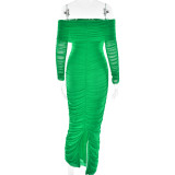 Women Autumn Bodycon Sexy Mesh Off Shoulder Gathered Dress