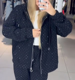 Women Autumn Winter Zipper Beaded Casual Hooded Hoodies Wide-Leg Pants Two-Piece Sports Suit