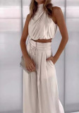Women Summer Casual Sleeveless Crop Top Wide-leg Pants Two Piece Set