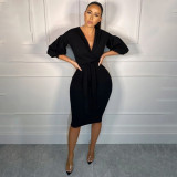 Women Sexy Elegant Lantern Sleeve Solid V Neck Off Shoulder Half Dress