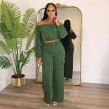 Women Solid Sexy Off Shoulder Long-sleeved Top and Wide-leg Pants Two-piece Set