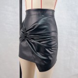Women's Autumn Winter Street Fashion Pleats Bodycon Leather Mini Skirt