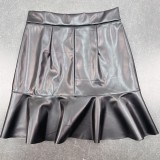Fashionable Autumn Winter Women's Clothing Ruffle Leather Mini Skirt