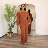 Women Solid Sexy Off Shoulder Long-sleeved Top and Wide-leg Pants Two-piece Set