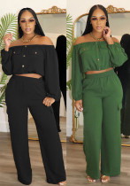 Women Solid Sexy Off Shoulder Long-sleeved Top and Wide-leg Pants Two-piece Set