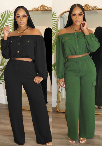 Women Solid Sexy Off Shoulder Long-sleeved Top and Wide-leg Pants Two-piece Set