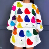 Halloween Women Printed Ghost Print Long Sleeve Top and Shorts Two Piece Set