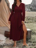 Women Autumn Solid v-neck Bell Bottom Long-sleeved Dress