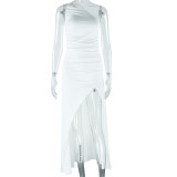 Women's Fashion Solid Color Slash Shoulder One-Shoulder Sleeveless Slit Long Dress