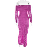 Women Autumn Bodycon Sexy Mesh Off Shoulder Gathered Dress