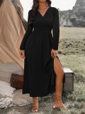 Women Autumn Solid v-neck Bell Bottom Long-sleeved Dress