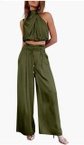 Women Summer Casual Sleeveless Crop Top Wide-leg Pants Two Piece Set