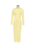 Women's Fashion Sexy Solid Color Round Neck Long Sleeve Slim Long Dress