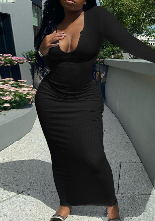 Women Long Sleeve Ribbed Sexy U-neck dress
