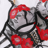 Women flower embroidery Halter Neck metal buckle Lace-Up irregular Sexy lingerie Two Piece Set