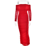 Women Autumn Bodycon Sexy Mesh Off Shoulder Gathered Dress