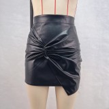 Women's Autumn Winter Street Fashion Pleats Bodycon Leather Mini Skirt