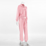 Pink Fashion Sports Suit Autumn Winter Zipper Turndown Collar Two-Piece Women Pants Set