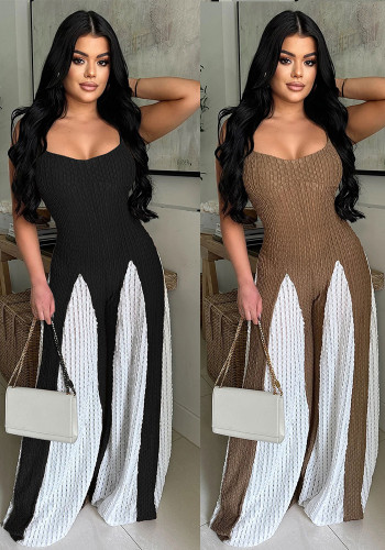 Women Sexy Hollow Wide-leg knitting Suspender Patchwork Contrast Jumpsuit