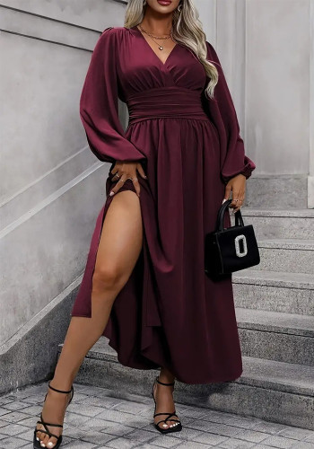 Plus Size Women lantern sleeve slit dress