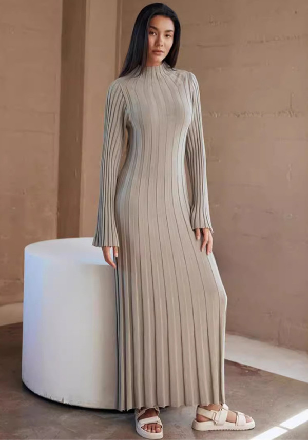 Women Casual Round Neck Wide Ribbed High-neck Knitting Dress