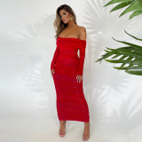Women Autumn Bodycon Sexy Mesh Off Shoulder Gathered Dress