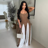 Women Sexy Hollow Wide-leg knitting Suspender Patchwork Contrast Jumpsuit